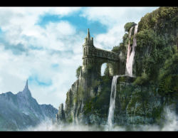 Rule 34 | arch, bad id, bad pixiv id, castle, cliff, cloud, day, fog, landscape, letterboxed, matsura ichirou, mountain, no humans, original, overgrown, scenery, sky, tower, tree, water, waterfall