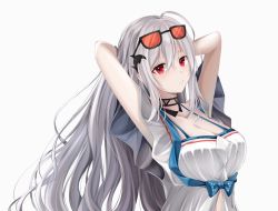 Rule 34 | 1girl, arknights, arms behind head, arms up, arn, black choker, breasts, chinese commentary, choker, cleavage, commentary request, eyewear on head, hair between eyes, large breasts, long hair, looking at viewer, official alternate costume, orca hair ornament, parted lips, red eyes, shirt, short sleeves, silver hair, simple background, skadi (arknights), skadi (waverider) (arknights), solo, sunglasses, upper body, white background, white shirt