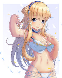 Rule 34 | 1girl, absurdres, arthur ko, bad hand, bikini, blonde hair, blue eyes, blue hair, breasts, cleavage, collarbone, commentary request, confetti, cowboy shot, double bun, fletcher (kancolle), fletcher mk ii (kancolle), hair bun, hair ornament, hairband, highres, kantai collection, large breasts, long hair, looking at viewer, photoshop (medium), simple background, solo, standing, star (symbol), star hair ornament, swimsuit, white background, white bikini