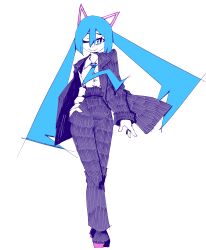 Rule 34 | 1girl, absurdres, alternate costume, alternate hairstyle, aqua eyes, aqua hair, aqua necktie, black footwear, black jacket, black pants, bright pupils, buttons, collared shirt, commentary, dot nose, english commentary, full body, hair between eyes, hand on own hip, hatching (texture), hatsune miku, highres, jacket, linear hatching, long hair, looking at viewer, necktie, one eye closed, open clothes, open jacket, pants, ruw ruler, shirt, simple background, smile, solo, twintails, very long hair, vocaloid, white background, white pupils, white shirt