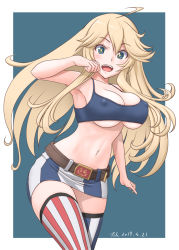 Rule 34 | 1girl, american flag, american flag legwear, animal print, asymmetrical legwear, belt, blonde hair, blue background, blue eyes, breasts, brown belt, covered erect nipples, flag print, hair between eyes, highres, iowa (kancolle), kantai collection, large breasts, looking at viewer, miniskirt, mismatched legwear, open mouth, simple background, skirt, solo, star-shaped pupils, star (symbol), striped clothes, striped thighhighs, symbol-shaped pupils, t2r, thighhighs, vertical-striped clothes, vertical-striped thighhighs, white background