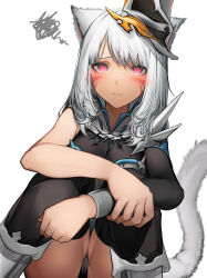 Rule 34 | 1girl, absurdres, animal ears, black hat, black panties, black shirt, black thighhighs, blush, cat ears, cat girl, cat tail, commission, facial mark, final fantasy, final fantasy xiv, hat, highres, long hair, long sleeves, looking at viewer, miqo&#039;te, panties, partially visible vulva, pink eyes, shirt, simple background, single sleeve, skeb commission, solo, squatting, squiggle, tab head, tail, thighhighs, thighs, underwear, warrior of light (ff14), white background, white hair