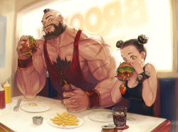 Rule 34 | + +, 1boy, 1girl, bacon, beard, beer bottle, biceps, black tank top, booth seating, bottle, bracelet, breasts, brown hair, burger, burger malfunction, can, capcom, casual, chest hair, chun-li, cleavage, collarbone, commentary, cup, double bun, drink, drink can, drinking glass, earrings, eating, elbow rest, eyebrows, facial hair, food, food on face, fork, french fries, glass bottle, hair bun, hair pulled back, height difference, holding, holding food, impossible clothes, impossible shirt, indoors, jewelry, ketchup bottle, large breasts, lettuce, lips, looking at another, makeup, mascara, messy, mohawk, morry, muscular, mustard bottle, parted lips, plate, red tank top, restaurant, scar, shirt, sitting, soda can, sparkling eyes, spiked bracelet, spikes, spilling, street fighter, sweatdrop, table, tank top, tomato, two-handed, window, wristband, zangief