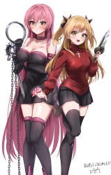 Rule 34 | 2girls, absurdres, arm under breasts, bare shoulders, black dress, black gloves, black skirt, black thighhighs, blonde hair, blush, boots, breasts, brown footwear, chain, cleavage, closed mouth, collar, collarbone, cosplay, cross, dagger, dress, elbow gloves, embarrassed, fang, fate/stay night, fate (series), feet out of frame, gem, gloves, green eyes, highres, idolmaster, idolmaster cinderella girls, jougasaki mika, jougasaki rika, knife, large breasts, latin cross, leg up, long hair, looking at viewer, medium breasts, medusa (fate), medusa (rider) (fate), medusa (rider) (fate) (cosplay), miniskirt, multiple girls, open mouth, pink hair, pizzasi, pleated skirt, red sweater, signature, simple background, skirt, smile, standing, standing on one leg, strapless, strapless dress, sweat, sweater, thigh boots, thighhighs, tohsaka rin, tohsaka rin (cosplay), translation request, tube dress, turtleneck, turtleneck sweater, two side up, very long hair, weapon, white background, yellow eyes, zettai ryouiki