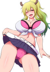 Rule 34 | 1girl, belt, blonde hair, blush, bra, breasts, cameltoe, cleavage, clothes lift, dragon horns, gradient hair, green hair, highres, horns, huge breasts, kobayashi-san chi no maidragon, lifting own clothes, lucoa (maidragon), midriff, multicolored hair, navel, one eye closed, open mouth, panties, pink bra, pink panties, ponponmaru, shirt, skirt, skirt lift, smile, solo, sweat, thighs, tied shirt, underwear, white background, white shirt, wink
