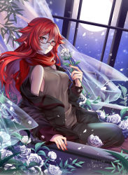 Rule 34 | 1girl, artist name, commission, dated, flower, full moon, highres, holding, holding flower, jacket, ling (doraling12), long hair, looking at viewer, moon, nail polish, night, off shoulder, open clothes, open jacket, original, petals, red eyes, red hair, red scarf, rose, scarf, semi-rimless eyewear, sitting, sleeveless, solo, white flower, white rose, wind, window