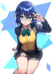 Rule 34 | 1girl, adjusting eyewear, ahoge, black jacket, blazer, blue eyes, blue hair, bow, bowtie, breasts, ciel (tsukihime), cleavage, closed mouth, commentary, cowboy shot, ebora, glasses, green bow, green bowtie, grey skirt, jacket, large breasts, long sleeves, looking at viewer, open clothes, open jacket, pleated skirt, short hair, skirt, smile, solo, standing, sweater vest, thighs, tsukihime, winter uniform, yellow sweater vest