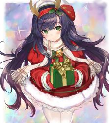 Rule 34 | 1girl, alternate costume, animal ears, antlers, bell, beret, blush, commentary request, cowboy shot, eriyama e, fake animal ears, fur trim, gift, green eyes, hair ornament, hat, holly hair ornament, horns, kantai collection, long hair, looking at viewer, matsuwa (kancolle), pantyhose, purple hair, reindeer antlers, santa costume, scarf, smile, solo, white pantyhose