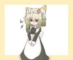 Rule 34 | 1girl, alternate costume, alternate hair length, alternate hairstyle, anger vein, animal ear fluff, animal ears, april, apron, arknights, chibi, commentary, commission, dress, english commentary, feet out of frame, green dress, green eyes, green hair, kal&#039;tsit (arknights), kurotofu, long hair, maid, maid headdress, shaded face, solo, white apron