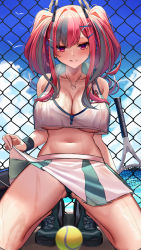 Rule 34 | 1girl, absurdres, ass, azur lane, ball, black panties, blue sky, breasts, bremerton (azur lane), bremerton (scorching-hot training) (azur lane), chain-link fence, clothes lift, cloud, collared shirt, commentary, crop top, crop top overhang, day, eternity (shadeh), fence, gluteal fold, gradient hair, heart, heart necklace, highres, jewelry, kneeling, large breasts, lifting own clothes, looking at viewer, midriff, mole, mole on breast, mole under eye, multicolored hair, naughty face, navel, necklace, outdoors, panties, pink eyes, pink hair, racket, shirt, skirt, skirt lift, sky, sleeveless, sleeveless shirt, solo, sportswear, streaked hair, sweat, tennis ball, tennis racket, tennis uniform, thighs, tongue, tongue out, two-tone shirt, two-tone skirt, underboob, underwear, wet, wet clothes, white skirt