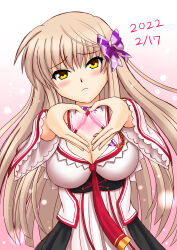 Rule 34 | 1girl, 2022, absurdres, adapted costume, bow, breasts, cleavage, cleavage cutout, closed mouth, clothing cutout, commentary request, dated, dress, eyelashes, eyes visible through hair, floating hair, frilled sleeves, frills, frown, hair between eyes, hair bow, head tilt, heart, heart hands, heart in heart hands, highres, large breasts, light brown hair, long hair, long sleeves, looking at viewer, neckerchief, nekogoya, purple bow, red neckerchief, rewrite, senri akane, shy, sidelocks, solo, standing, straight-on, upper body, very long hair, white dress, wide sleeves, yellow eyes