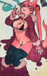Rule 34 | 1girl, bikini, breasts, dog, female focus, furry, furry female, gradient background, idkuroi, long hair, navel, open mouth, red eyes, red hair, smoking, solo, swimsuit, twintails