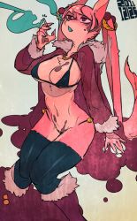 1girl bikini breasts dog female_focus furry furry_female gradient_background idkuroi long_hair navel open_mouth red_eyes red_hair smoking solo swimsuit twintails