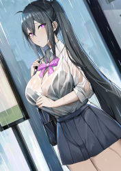 Rule 34 | 1girl, ahoge, bag, black bra, black hair, blue skirt, bow, bowtie, bra, breasts, cleavage, cloud, cloudy sky, collared shirt, cowboy shot, crossed bangs, dutch angle, highres, large breasts, long hair, looking at viewer, luse maonang, original, outdoors, parted lips, pleated skirt, purple eyes, rain, school bag, school uniform, see-through, shirt, shirt tucked in, sidelocks, skirt, sky, solo, tented shirt, twintails, underwear, very long hair, wet, wet clothes, wet hair, wet shirt, white shirt, wing collar