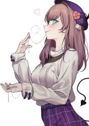 Rule 34 | 1girl, after fellatio, blue eyes, blush, brown hair, cum, cum in mouth, cum on hands, demon horns, demon tail, gokkun, hat, heavy breathing, highres, horns, long sleeves, looking at viewer, multicolored hair, nail polish, nakamura rohane, nijisanji, official alternate costume, pink nails, plaid, plaid skirt, purple hair, purple skirt, skirt, solo, suzuhara lulu, sweat, sweater, tail, virtual youtuber