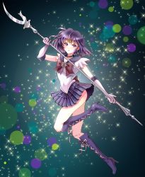 Rule 34 | 1990s (style), 1girl, bishoujo senshi sailor moon, black hair, blue background, blue eyes, boots, bow, brooch, brown bow, choker, covered navel, cross-laced footwear, earrings, elbow gloves, full body, gloves, holding, holding polearm, holding spear, holding weapon, jewelry, knee boots, lace-up boots, magical girl, pleated skirt, polearm, purple footwear, purple skirt, retro artstyle, sailor collar, sailor saturn, shoes, short hair, silence glaive, skirt, solo, sora (pikasora), sparkle, spear, star brooch, tiara, tomoe hotaru, weapon, white gloves