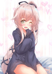 Rule 34 | 1girl, alternate costume, ayamiyuki, blue jacket, blush, hair flaps, hair ribbon, heart, heart background, highres, hood, hoodie, jacket, kantai collection, long hair, long sleeves, naked hoodie, on bed, one eye closed, open mouth, pink hair, ponytail, ribbon, sitting, sleeves past wrists, solo, thighs, very long hair, yura (kancolle)