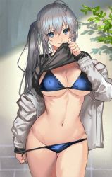 Rule 34 | 1girl, ahoge, bikini, bikini pull, black shirt, black tank top, blouse, blue bikini, blue eyes, breasts, cleavage, clothes lift, clothes pull, covered erect nipples, cowboy shot, duplicate, gradient background, grey hair, highres, jacket, large breasts, leaf, lifted by self, navel, no pants, original, panties, panty pull, plant, ponytail, ran&#039;ou (tamago no kimi), shirt, shirt lift, smile, solo, standing, swimsuit, tank top, underwear, wall, white jacket