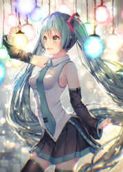 Rule 34 | 1girl, arm up, bare shoulders, black skirt, black thighhighs, blush, breasts, collared shirt, commentary request, detached sleeves, green eyes, green hair, green necktie, grey shirt, hatsune miku, long hair, long sleeves, looking away, medium breasts, necktie, parted lips, pleated skirt, shiomizu (swat), shirt, skirt, sleeveless, sleeveless shirt, smile, solo, thighhighs, twintails, very long hair, vocaloid, wide sleeves