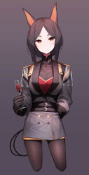 Rule 34 | 1girl, absurdres, animal ears, arknights, arm behind back, belt, beudelb, black gloves, black hair, closed mouth, cowboy shot, cropped legs, cup, dobermann (arknights), dobermann (lieutenant) (arknights), dog ears, drinking glass, gloves, grey background, grey jacket, highres, holding, holding cup, jacket, long sleeves, military, military uniform, mole, mole under eye, no headwear, no headwear, official alternate costume, pantyhose, short hair, sidelocks, simple background, solo, uniform, weapon, whip, wine glass, yellow eyes