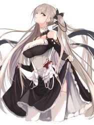 Rule 34 | 1girl, absurdres, azur lane, bare shoulders, between breasts, black dress, blush, breasts, cleavage, dress, earrings, formidable (azur lane), frilled dress, frills, hair ornament, hair ribbon, highres, jewelry, large breasts, light brown hair, long hair, long sleeves, looking at viewer, lumo 1121, parted lips, red eyes, ribbon, simple background, skirt hold, solo, thighhighs, twintails, white background, white thighhighs