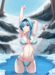 Rule 34 | 1girl, absurdres, arm behind head, armpits, axis pr, bare arms, bare shoulders, bikini, black hairband, blue bikini, blue hair, blue sky, breasts, breasts apart, collarbone, commentary, english commentary, eula (genshin impact), genshin impact, hairband, highres, ice, large breasts, light frown, looking at viewer, medium hair, navel, partially submerged, purple eyes, side-tie bikini bottom, sky, snow, solo, standing, stomach, stretching, swimsuit, thighs, tree, twitter username, wading, water