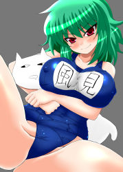 Rule 34 | &gt;:), 1girl, breasts, covered erect nipples, dutch angle, female focus, green hair, headlock, impossible clothes, impossible swimsuit, kazami yuuka, large breasts, one-piece swimsuit, red eyes, sawa (snack yoshie), school swimsuit, short hair, solo, spread legs, swimsuit, touhou, v-shaped eyebrows