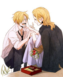 Rule 34 | 1boy, 1girl, :d, beard, bento, blonde hair, bouquet, dress, closed eyes, facial hair, flower, hair over one eye, hand on another&#039;s face, hy, mother and son, necktie, one piece, open mouth, pants, sanji (one piece), shirt, short hair, smile, vinsmoke sora