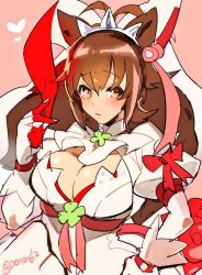 Rule 34 | 1girl, animal ears, antenna hair, blazblue, blush, breasts, brown eyes, brown hair, cleavage, clover, cosplay, elphelt valentine, elphelt valentine (cosplay), fingernails over gloves, gloves, guilty gear, guilty gear xrd, large breasts, looking at viewer, makoto nanaya, multicolored hair, solo, spikes, squirrel ears, squirrel tail, sumi (penon62), tail, two-tone hair