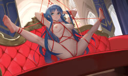 Rule 34 | 1girl, alternate breast size, alternate hair color, armpits, arms behind head, barefoot, bound, breasts, breasts apart, censored, chinese commentary, church, cipozhong yundepeitela, commentary request, completely nude, couch, feet, female focus, full body, green eyes, grey hair, highres, index (toaru majutsu no index), indoors, long hair, looking to the side, medium breasts, mosaic censoring, navel, nipples, nude, on couch, parted lips, pussy, restrained, shibari, sitting, soles, solo, spread legs, stained glass, toaru majutsu no index, toes, very long hair
