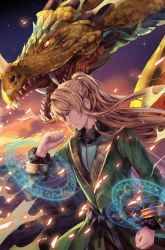 Rule 34 | 1boy, brown hair, clenched hands, cover, cover page, dragon, gabuccc, mahou yousei kouryaku, male focus, open mouth, profile, sky, star (sky), starry sky, sunset, yellow eyes
