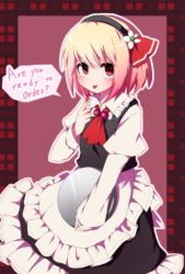 Rule 34 | 1girl, alternate costume, ambiguous red liquid, apron, ascot, bad id, bad pixiv id, black dress, blonde hair, blush, commentary, cowboy shot, dress, embellished costume, english text, enmaided, finger to mouth, flower, gradient hair, hair flower, hair ornament, hair ribbon, hairband, holding, holding tray, index finger raised, juliet sleeves, long sleeves, looking at viewer, maid, multicolored hair, pink hair, puffy sleeves, red eyes, red ribbon, ribbon, rumia, short hair, smile, solo, touhou, tray, waist apron, you (noanoamoemoe)