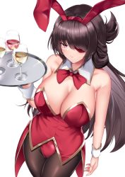 Rule 34 | 1girl, animal ears, beidou (genshin impact), black hair, black pantyhose, blush, bow, bowtie, breasts, cleavage, closed mouth, colored eyepatch, commentary, cup, detached collar, drinking glass, embarrassed, eyepatch, fake animal ears, from above, genshin impact, hair over one eye, highres, holding, holding tray, large breasts, leotard, long hair, looking at viewer, masaki nanaya, one eye covered, pantyhose, playboy bunny, rabbit ears, red bow, red bowtie, red eyes, red leotard, sidelocks, solo, strapless, strapless leotard, tray, white background, wing collar, wrist cuffs