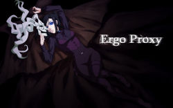 Rule 34 | 00s, 1girl, black hair, blue eyes, bodysuit, breasts, copyright name, ergo proxy, ergo proxy (character), eyeshadow, highres, kabane (follabi), long hair, makeup, mask, on bed, re-l mayer, revision, solo, thigh strap, wallpaper, wink