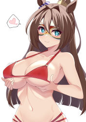 Rule 34 | 1girl, animal ears, armpits, bare shoulders, bikini, blue eyes, blush, breast hold, breasts, brown hair, cleavage, closed mouth, collarbone, commentary request, covered erect nipples, cowboy shot, domino mask, ear ornament, el condor pasa (umamusume), groin, hair between eyes, hair intakes, heart, horse ears, horse girl, large breasts, long hair, looking at viewer, mask, motion lines, multi-strapped bikini, nanao (naoekaki25), navel, o-ring, o-ring bikini, paid reward available, ponytail, red bikini, scrunchie, sidelocks, simple background, smile, solo, spoken heart, standing, stomach, swimsuit, umamusume, underboob, white background