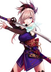 Rule 34 | 1girl, applekun, black sleeves, black thighhighs, blue eyes, closed mouth, cowboy shot, detached sleeves, earrings, fate/grand order, fate (series), floating hair, hair over one eye, highres, holding, holding sword, holding weapon, japanese clothes, jewelry, katana, kimono, long hair, looking at viewer, miyamoto musashi (fate), miyamoto musashi (first ascension) (fate), pink hair, purple kimono, short kimono, simple background, sleeveless, sleeveless kimono, solo, stance, standing, swept bangs, sword, thighhighs, weapon, white background