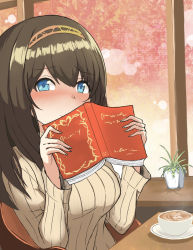 Rule 34 | 1girl, beige sweater, blue eyes, blush, book, brown hair, commentary request, covering own mouth, cup, flanker, hairband, highres, holding, holding book, idolmaster, idolmaster cinderella girls, long hair, long sleeves, ribbed sweater, sagisawa fumika, smile, solo, sweater, teacup