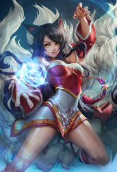 Rule 34 | 1girl, ahri (league of legends), animal ears, bare shoulders, bell, black hair, breasts, cleavage, detached sleeves, facial mark, fox ears, fox tail, hitodama, korean clothes, league of legends, lips, long hair, looking at viewer, lucidsky, md5 mismatch, multiple tails, nail polish, ramen (aquare9ia), smile, solo, tail, whisker markings, yellow eyes