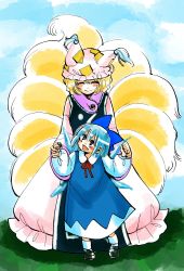 Rule 34 | 2girls, :&gt;, animal hat, black footwear, blonde hair, blue bow, blue dress, blue hair, blush, bow, cirno, closed eyes, commentary request, dress, fox tail, frilled dress, frills, hair bow, hat, highres, ice, ice wings, komaku juushoku, long sleeves, looking at another, looking down, looking up, mob cap, multiple girls, multiple tails, puffy long sleeves, puffy sleeves, red neckwear, short hair, smile, socks, tabard, tail, touhou, white dress, white hat, white legwear, wide sleeves, wings, yakumo ran