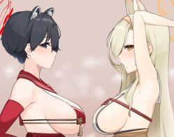 Rule 34 | 2girls, animal ears, armpits, arms up, bare arms, blonde hair, blue archive, blush, breast curtain, breasts, breath, crop top, crop top overhang, detached sleeves, eyeshadow, fox ears, gloves, hairband, halo, heavy breathing, highres, japanese clothes, kaho (blue archive), kimono, large breasts, long hair, looking at viewer, makeup, mole, mole under mouth, multiple girls, open mouth, orange hairband, orange halo, p03145, pink eyeshadow, raccoon ears, red gloves, red sailor collar, revealing clothes, rope, rope belt, sailor collar, sideboob, sideless outfit, sleeveless, sleeveless kimono, thick eyebrows, tsubaki (blue archive), upper body, white kimono, yellow eyes
