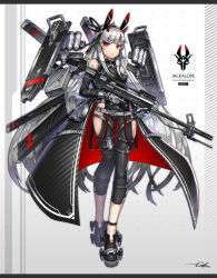 Rule 34 | 1girl, blunt bangs, breasts, bullpup, commentary request, detached sleeves, english text, full body, gia, gun, hair ornament, headgear, highres, hip vent, holding, holding gun, holding weapon, leg strap, long coat, long hair, looking at viewer, mechanical hands, original, red eyes, signature, silver hair, simple background, small breasts, solo, thigh strap, very long hair, weapon