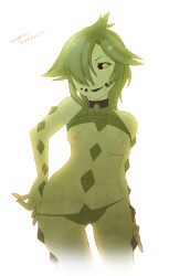 Rule 34 | 1girl, artist request, black sclera, breasts, cacturne, cactus, colored sclera, colored skin, creatures (company), female focus, game freak, gen 3 pokemon, green hair, green skin, markings, nintendo, nipples, panties, panty pull, personification, pokemon, trap, underwear, yellow eyes
