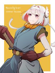 Rule 34 | 1girl, belt, breasts, character request, chrono trigger, closed mouth, copyright name, cosplay, crono (chrono trigger), headband, highres, looking at viewer, orange background, outside border, pointy ears, sankon (choko-noki), short hair, smile, solo, sword, virtual youtuber, weapon, white hair