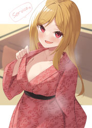 Rule 34 | :d, binsen, blonde hair, blush, breasts, cleavage, collarbone, english text, floral print, hand up, highres, idolmaster, idolmaster million live!, japanese clothes, kimono, long hair, long sleeves, looking at viewer, medium breasts, momose rio, open mouth, parted bangs, pink kimono, print kimono, red eyes, smile, very long hair, wide sleeves