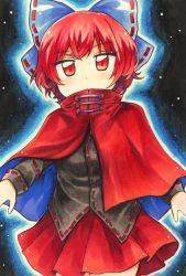 Rule 34 | 1girl, black shirt, blue bow, blue cloak, bow, cloak, commentary request, covered mouth, hair bow, highres, long sleeves, maa (forsythia1729), marker (medium), miniskirt, pleated skirt, red cloak, red eyes, red hair, red skirt, ribbon-trimmed bow, sekibanki, shirt, short hair, skirt, solo, touhou, traditional media