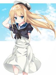 Rule 34 | 1girl, arm behind back, arm up, black neckwear, black shirt, blonde hair, blue eyes, blue sailor collar, blue sky, buttons, cloud, cloudy sky, commentary request, day, dress, eyebrows, fathom, hand on headwear, hand on own head, hat, highres, holding, holding clothes, holding hat, jervis (kancolle), kantai collection, long hair, looking at viewer, sailor collar, sailor dress, sailor hat, sailor shirt, shirt, short sleeves, sidelocks, sky, solo, standing, standing on one leg, white background, white dress, white hat