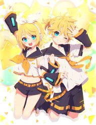 Rule 34 | 2girls, arm up, black sailor collar, black shorts, black sleeves, blonde hair, blue eyes, blush, brother and sister, commentary, crop top, detached sleeves, english commentary, grin, hair between eyes, hair ribbon, head tilt, headphones, highres, kagamine len, kagamine rin, long sleeves, mamyouda, midriff, multiple girls, navel, neckerchief, one eye closed, orange neckerchief, ribbon, sailor collar, shirt, shoes, short shorts, shorts, siblings, sleeveless, sleeveless shirt, sleeves past wrists, smile, star balloon, treble clef, twins, vocaloid, white footwear, white ribbon, white shirt, wide sleeves