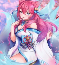 Rule 34 | 1girl, absurdres, ahri (league of legends), animal ear fluff, animal ears, bell, blue bow, blue collar, blue eyes, blue tail, bow, breasts, cherry blossoms, cleavage, collar, crossed bangs, detached collar, ella 7737, facial mark, fingernails, fox ears, fox girl, fox tail, hair bell, hair bow, hair ornament, highres, japanese clothes, kimono, kitsune, kyuubi, large breasts, league of legends, low neckline, pink hair, pink nails, sharp fingernails, solo, spirit blossom ahri, striped, striped bow, tail, whisker markings, white kimono