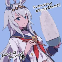 Rule 34 | 1girl, ahoge, animal ears, blue background, blue eyes, botamochi (exwelder), bowl, chopsticks, closed mouth, coat, dated, food, food on face, grey hair, holding, holding bowl, holding chopsticks, horse ears, long sleeves, looking at viewer, multicolored hair, neckerchief, oguri cap (umamusume), red neckerchief, rice, rice bowl, rice on face, sailor collar, shirt, signature, solo, translation request, twitter username, umamusume, upper body, white coat, white shirt