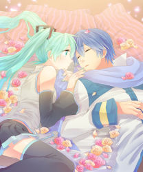 Rule 34 | 1boy, 1girl, aqua eyes, aqua hair, bad id, bad pixiv id, blue eyes, blue scarf, boots, couple, detached sleeves, flower, hatsune miku, hetero, irono (irtyu), kaito (vocaloid), long hair, lying, necktie, on side, petals, pink flower, pink rose, rose, scarf, skirt, sleeping, thigh boots, thighhighs, twintails, vocaloid, yellow flower, yellow rose, zettai ryouiki